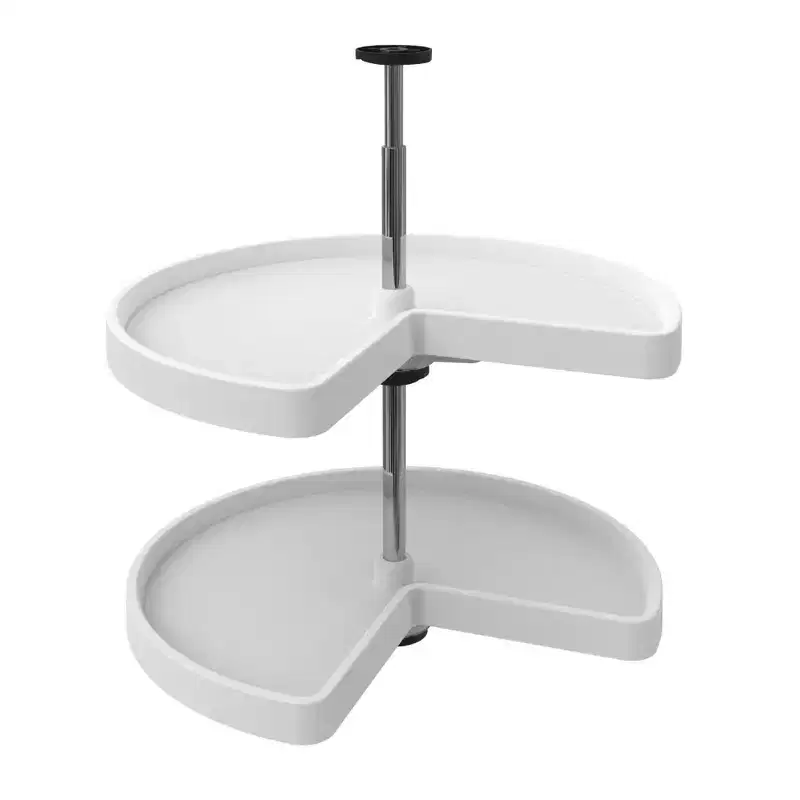 Rev-A-Shelf 2 Tier Kidney Cut Lazy Susan for Corner Base Cabinets, Plastic, 24 Double Shelf Swivel Kitchen Spice/ Can Organizer, White, 3472-24-11-52