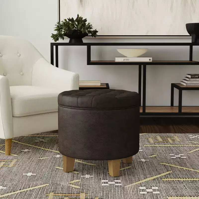 Round Storage Ottoman Faux Leather - HomePop