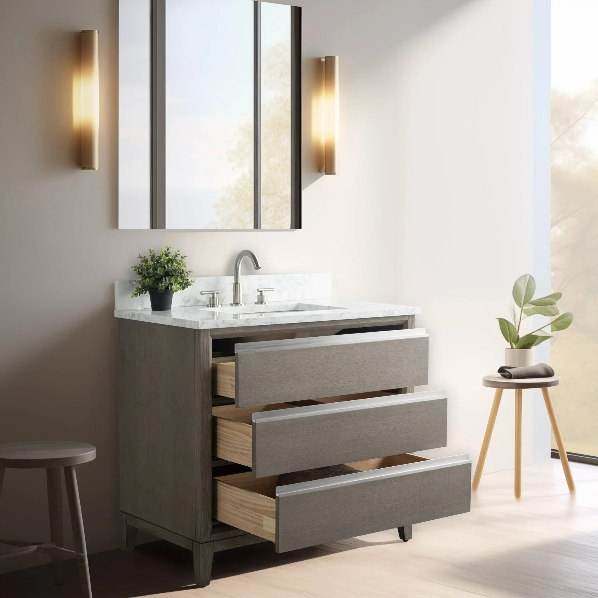 Vanity Art Bathroom Vanity with Ceramic Sink and Engineered Marble Top