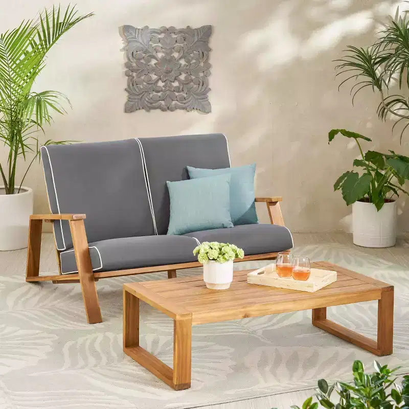 MAYEERTY 2-Piece Patio Conversation Set, Solid Acacia Wood Adirondack Loveseat Coffee Table with Weather Resistant Cushions