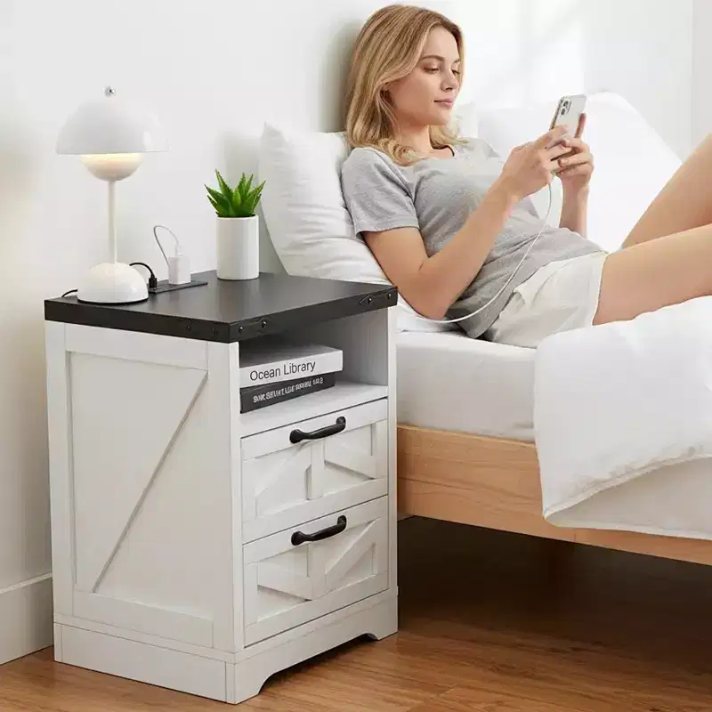 Modern Nightstand with 2 Drawers, 15.8W Wooden Sofa Side Table, Slim End Table with Charging Station, Bedside Table for Living Room Bedroom