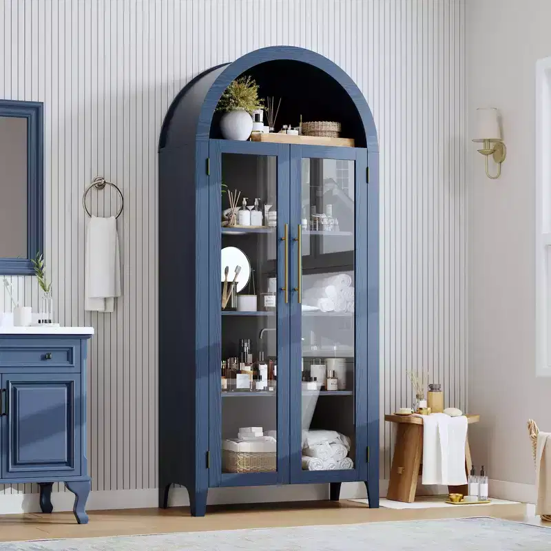Arched Kitchen Pantry Cabinet Farmhouse 5 Tier Display Shelf with Adjustable Shelf and 2 Large Glass Doors, Versatile Storage Cupboard