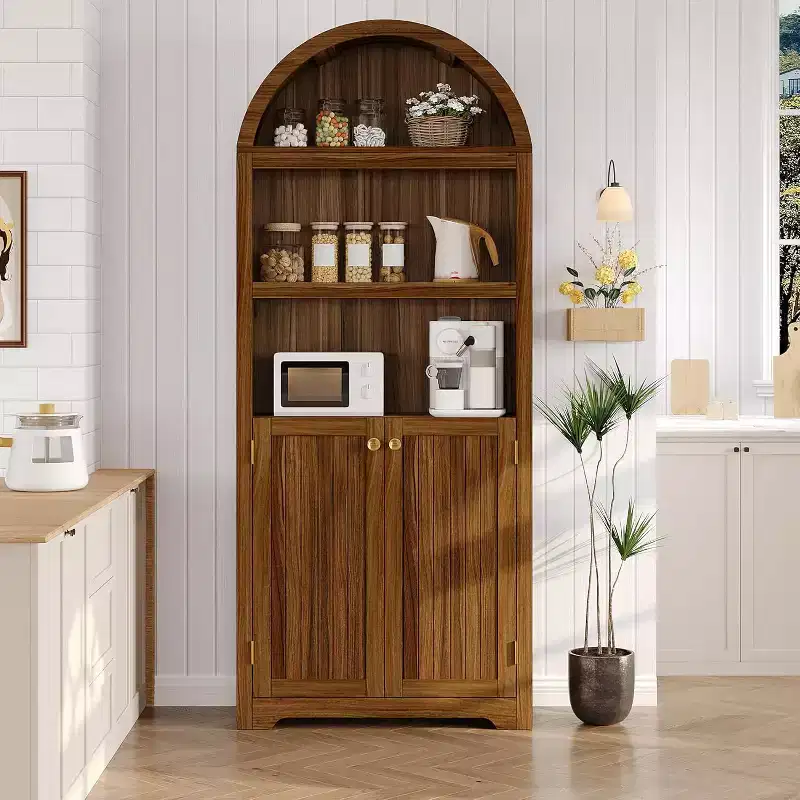 71.65'' Tall Arched 5-Tier Bookcase Cabinet with Double Doors & Adjustable Shelf, Modern Wooden Storage for Living Room, Bedroom, Home Office