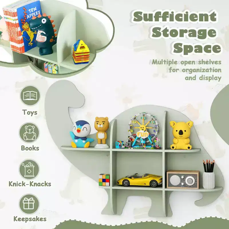 Costway 2-Tier Floating Dinosaur Kids Bookshelf Wall-Mounted Nursery Book Shelf