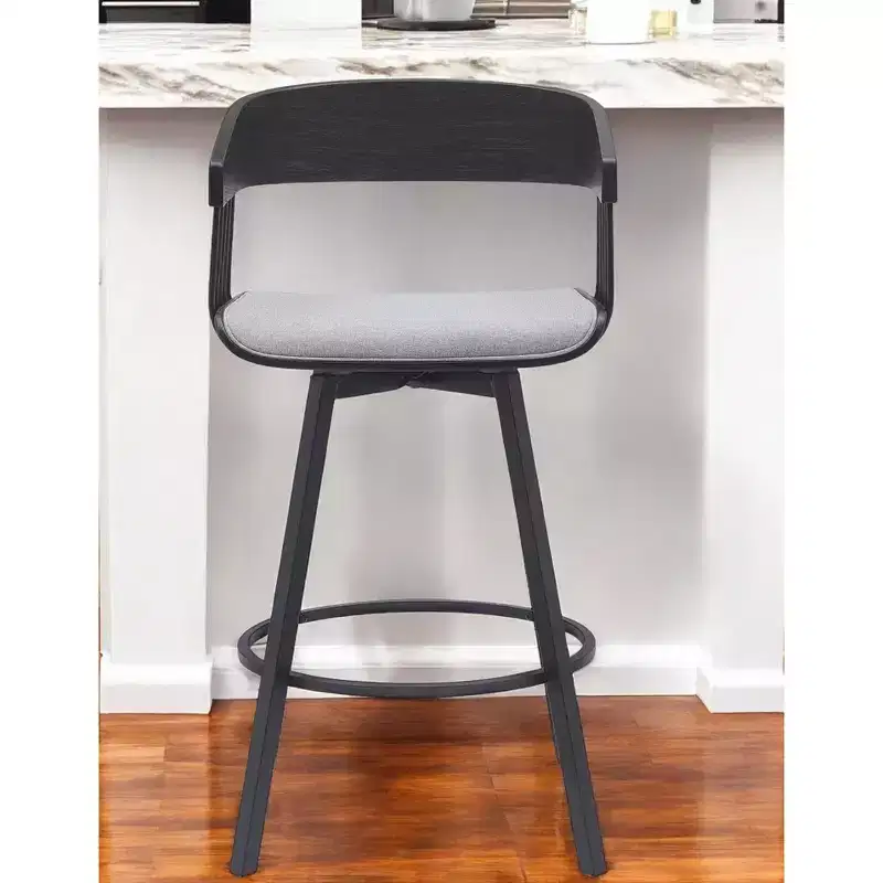 27 Light Gray and Black Fabric with Metal Swivel Counter Height Bar Chair