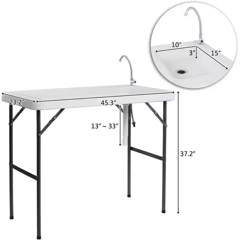 Outdoor Folding Fish & Game Cleaning Table, Portable, Drainage Hose, Stainless Steel Faucet, White