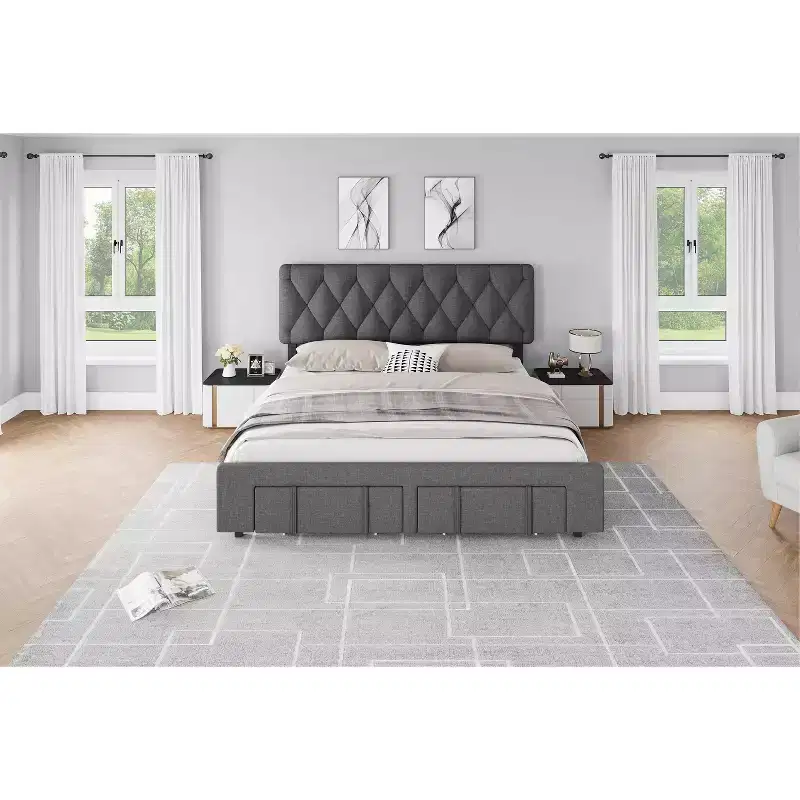 Upholstered Platform Bed Frame with Storage Drawers, Sturdy Color Wooden Slats, No Box Spring Needed