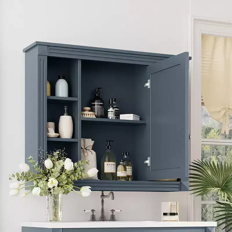 28.7 Wall Mounted Bathroom Mirror Cabinet with Concealed Storage 6 Open Shelves Medicine Cabinet Blue