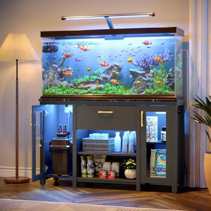 Fish Tank Stand Metal Aquarium Stand with Storage Cabinet & Power Outlets LED Light, 750lbs Capacity, Black