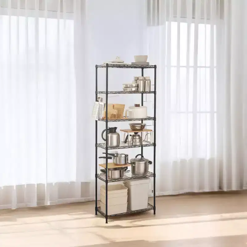 LEDREM 6-Tier Wire Shelving Unit - Kitchen Metal Shelves Storage Rack with Adjustable Shelves, Shelf Liners, 8 Hooks, 11.4 x 23.2 x 63 Inches, Black