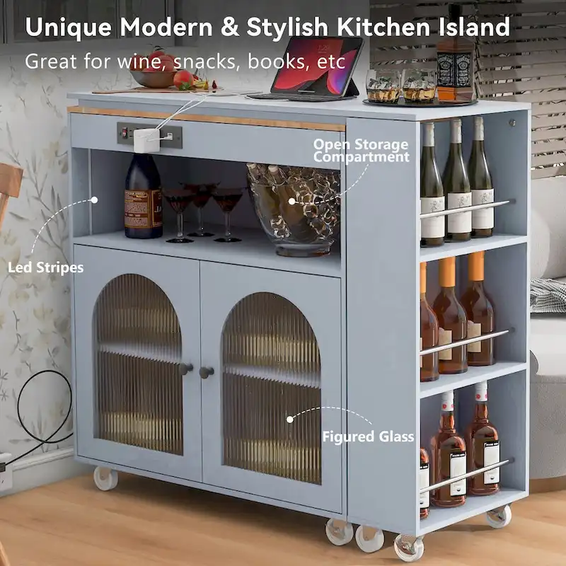 LED Lights Kitchen Island Cart With Extended Table and Power Outlets
