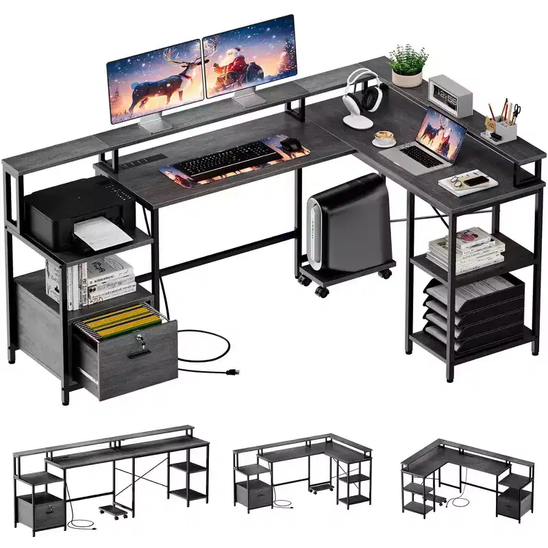 L-Shaped Desk Computer Desk - 76'' Reversible Office/Corner/Gaming Desk with File Drawer, Power Outlet, Monitor Shelf (Grey Oak)