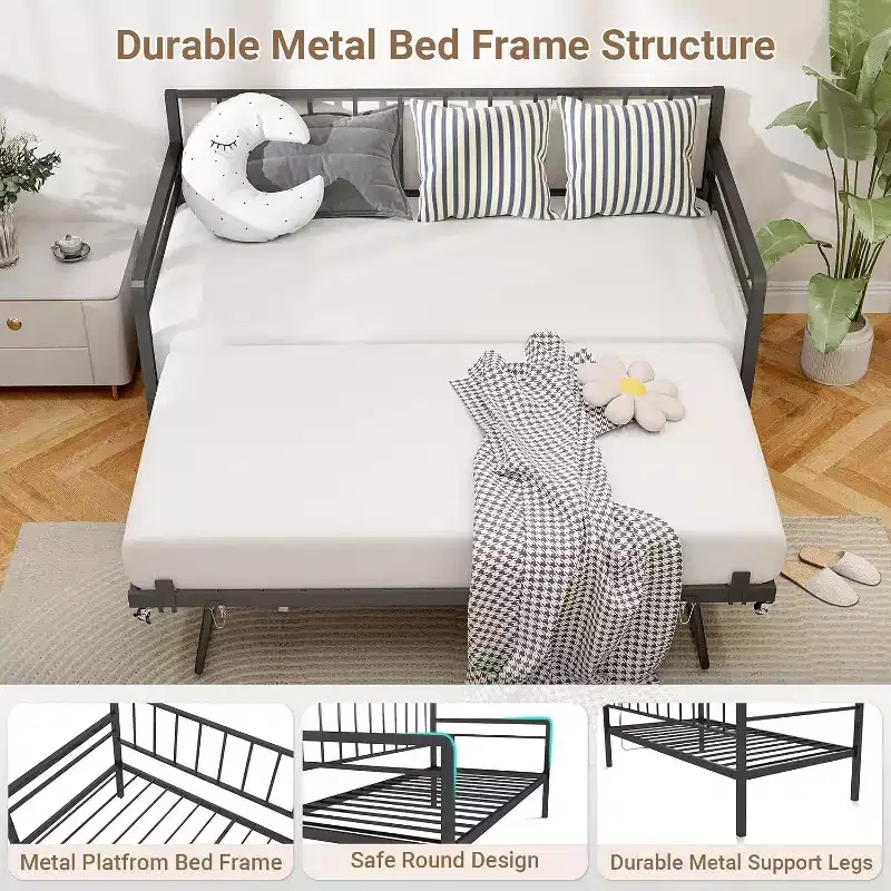 Zevemomo Twin Daybed with Pop Up Trundle,Metal Day Bed Frame LED Lights Day Bed with Trundle Bed Twin,Black Daybed for Living Room,Bedroom