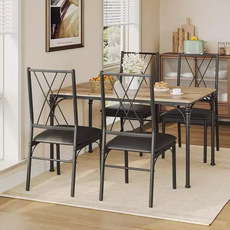 5-Pc Dining Table Set for 4-6 - Kitchen Table with Upholstered Bench, Compact for Small Spaces, Burlywood