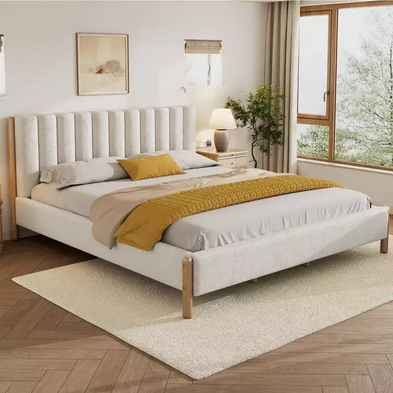 Witt Modern Wood Boucle Platform Bed with Vertical Stripes Headboard, White