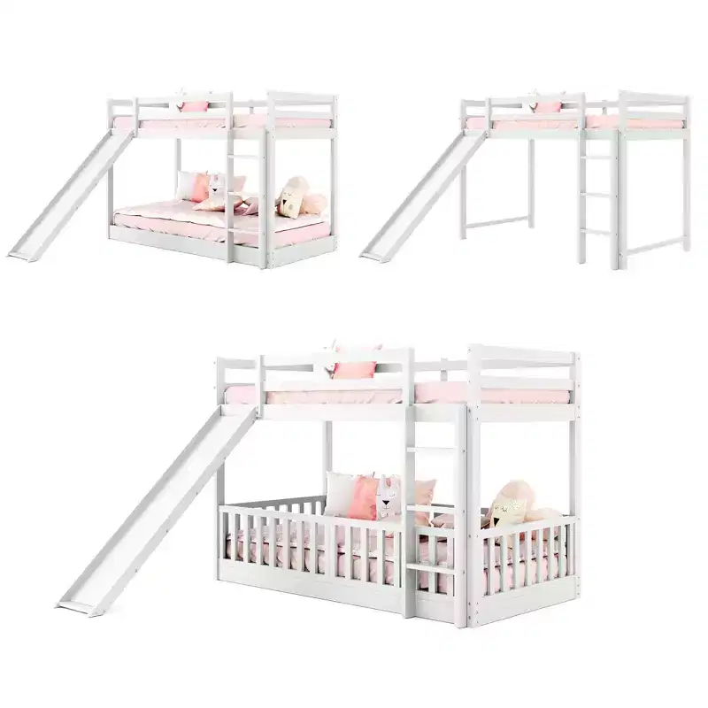 Twin Over Twin Bunk Bed with Slide and Ladder, White