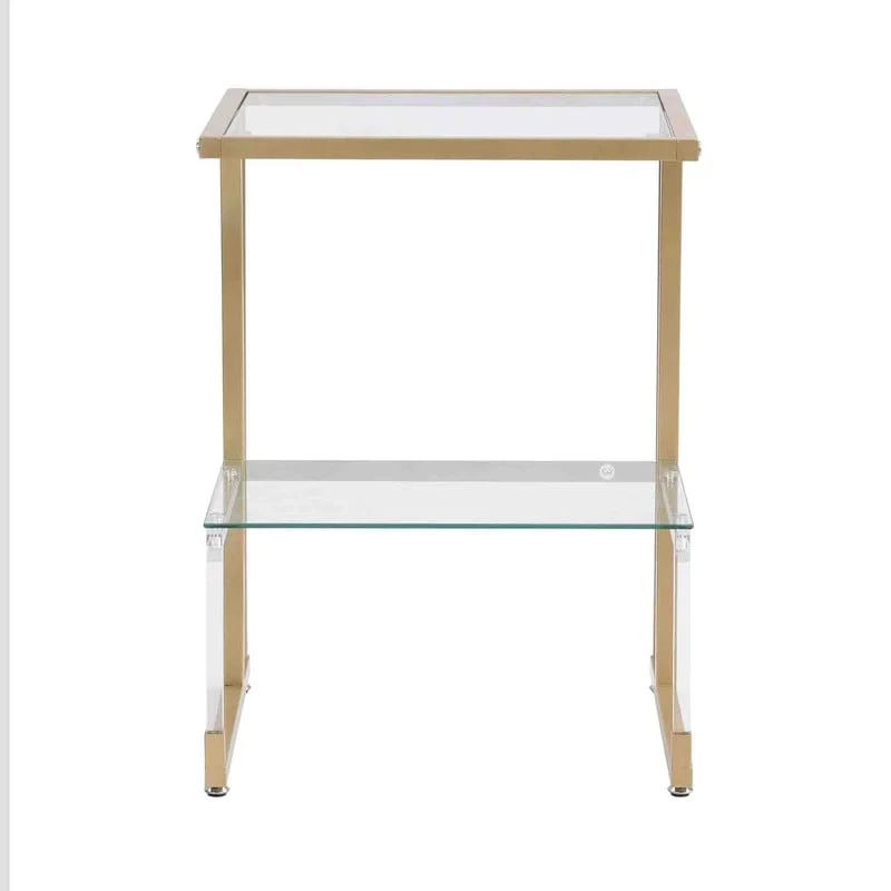 2-Tier End Table with Tempered Glass Shelves & Geometric Metal Frame