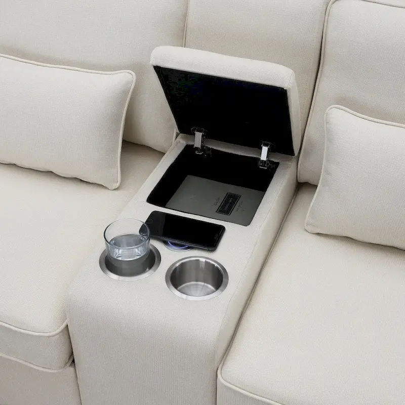 Modern Linen Fabric Upholstered Sofa with Console, 4Pillows,Cupholders,USB