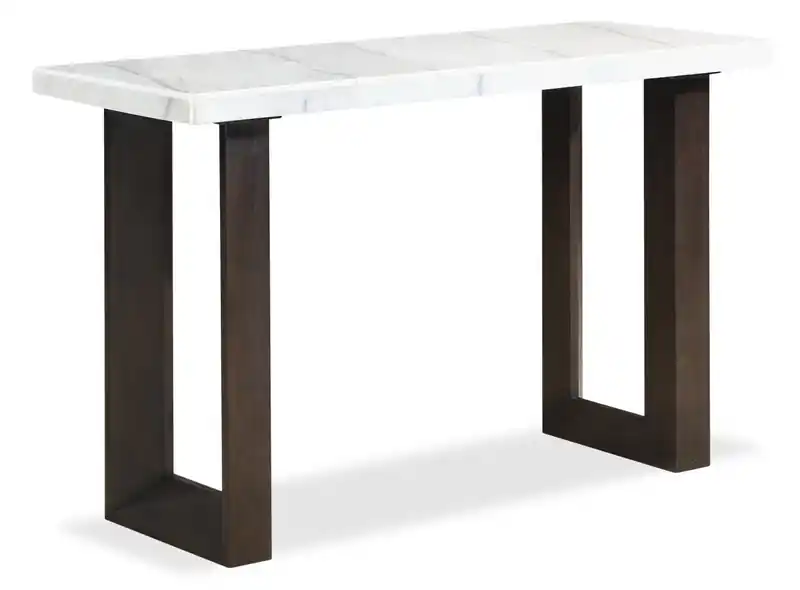 48 Modern Sofa Table - White and Grey Marble Look with Brown Wood Legs
