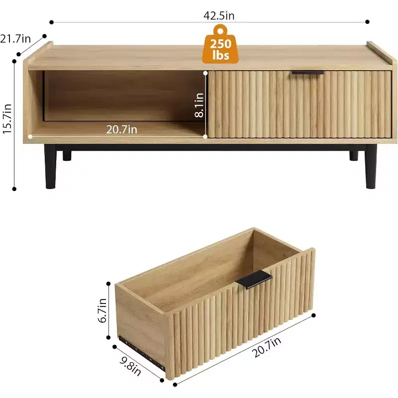 Fluted Coffee Table, Light Wood 2-Tier Cocktail Table with Drawers