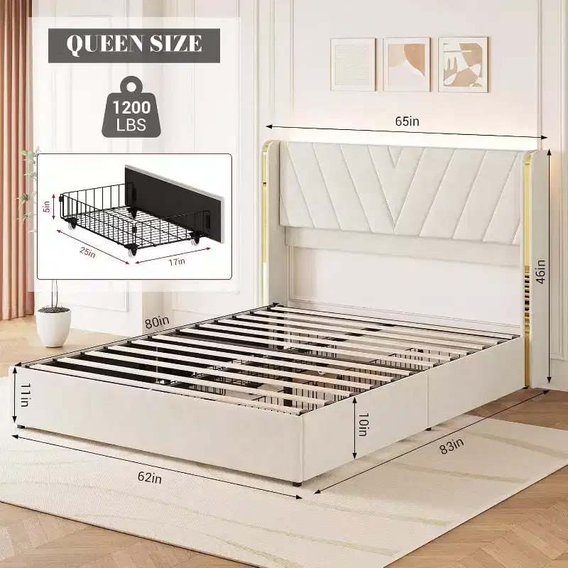 Acekool Queen Bed - LED Lights & Storage Drawers