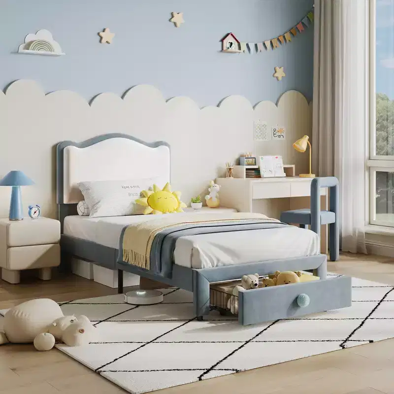 Upholstered Single Children's Bed Frame with Storage Drawers and Scalloped Headboard, Sturdy Wooden Slats for Support, Children's Bedroom Furniture