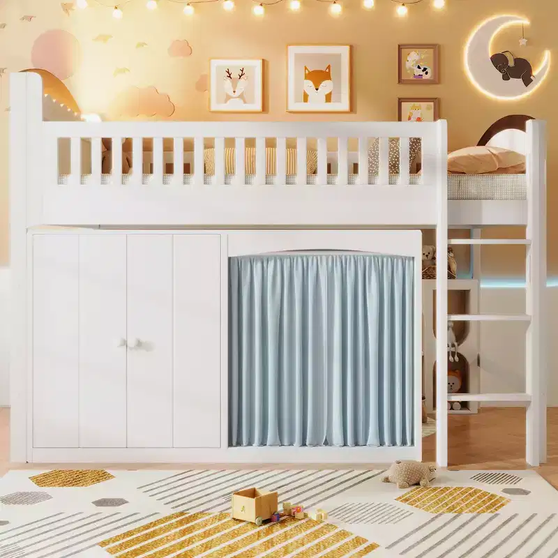 Twin Size Loft Bed Frame with Storage Cabinet, Wardrobe and Wooden Slats