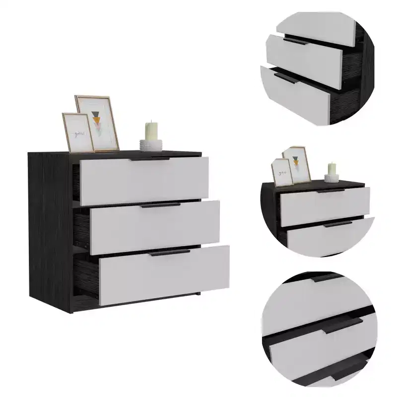 28 White and Smokey Oak Manufactured Wood Three Drawer Dresser