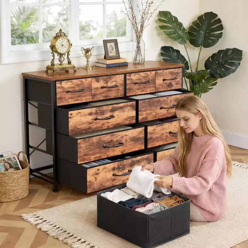 Wide Rustic Brown 10 Drawer Dresser Fabric Storage Chest of Drawers Large Organizer Unit Bedroom Furniture Entryway 50 Inch TV Stand
