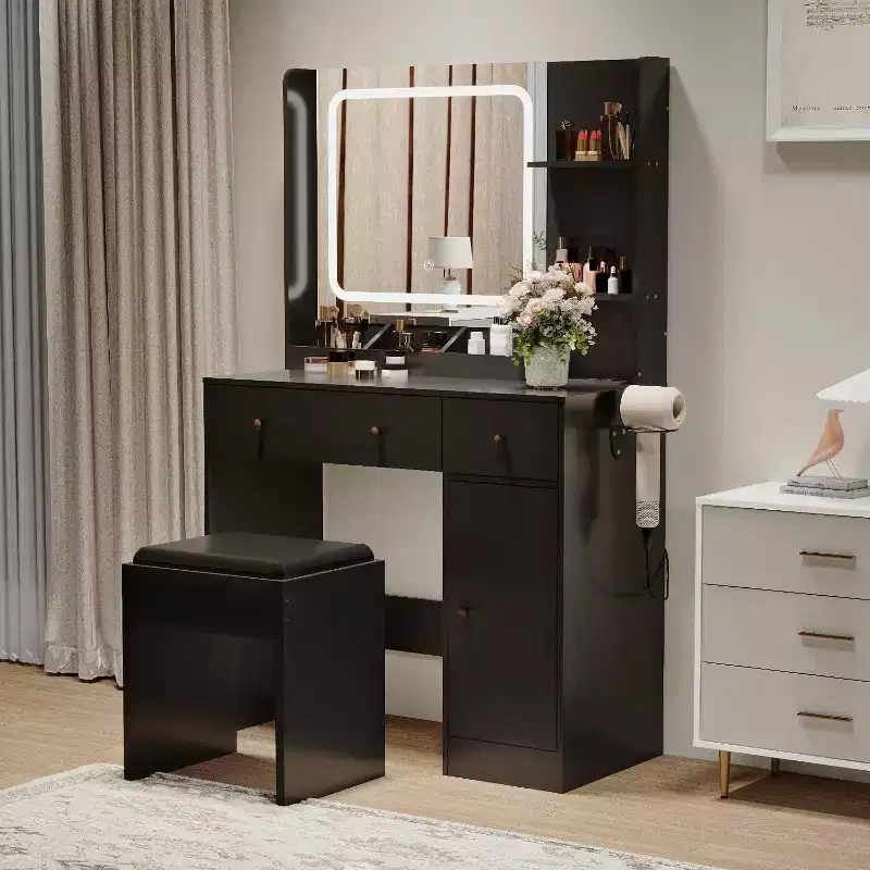 Modern Makeup Vanity Table with Mirror, Stool, Adjustable Brightness, 4 Drawers and Storage Shelves, Dressing Desk for Bedroom
