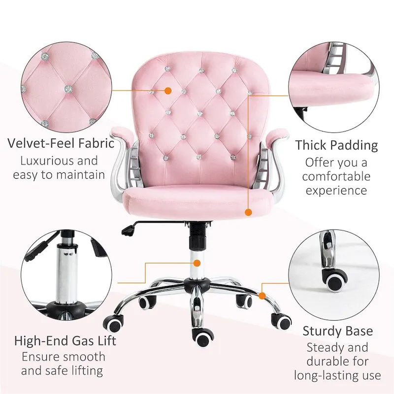 Velvet Adjustable Height Home Office Chair w/ Padded Armrests & Wheel - N/A