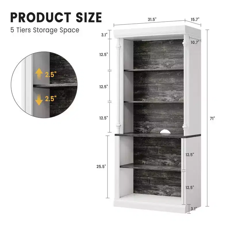Coolmee Bookshelf with Adjustable Shelves, 5 Tier Display Cabinet with LED Light, Freestanding Display Case for Collectibles Bedroom Living Room
