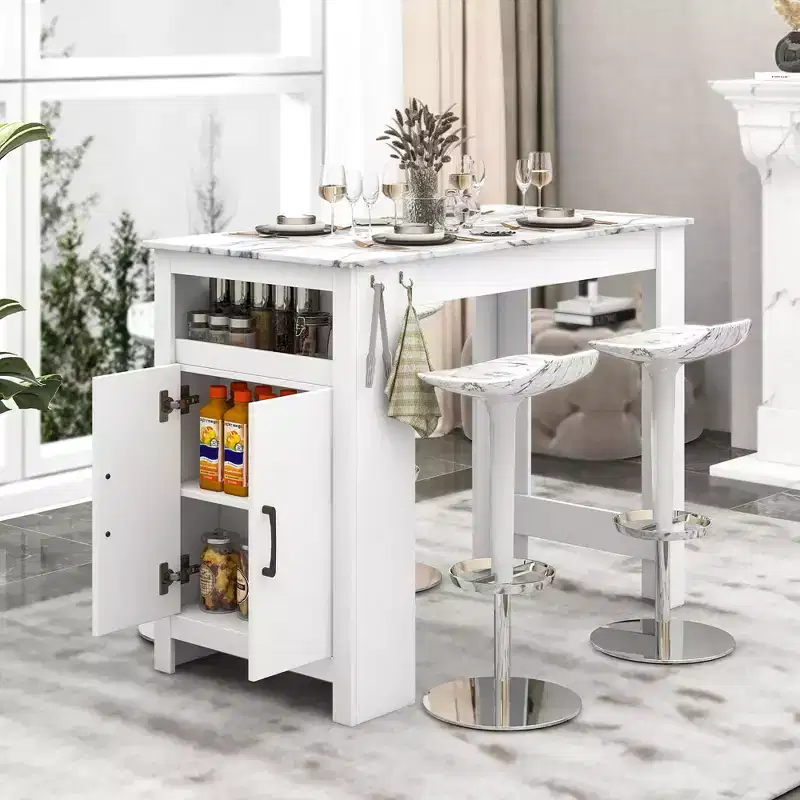 Costway 47 Long Counter Height Table Bar Table Faux Marble Pub Table w/ Cabinet