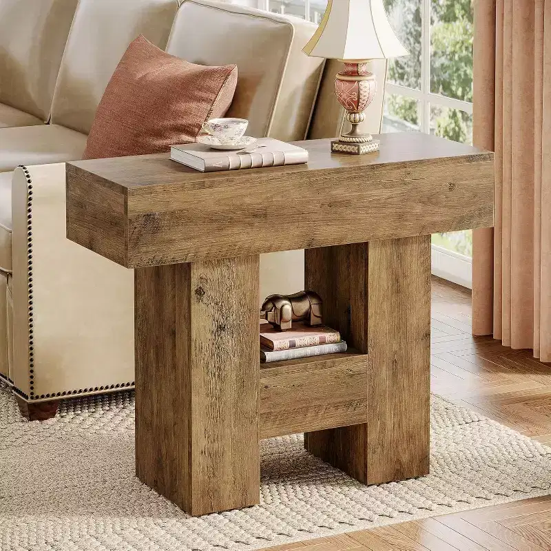 Lantine Narrow End Table, Farmhouse Sofa Side Table with 2-Tier Storage Shelf and Heavy Duty Base for Living Room