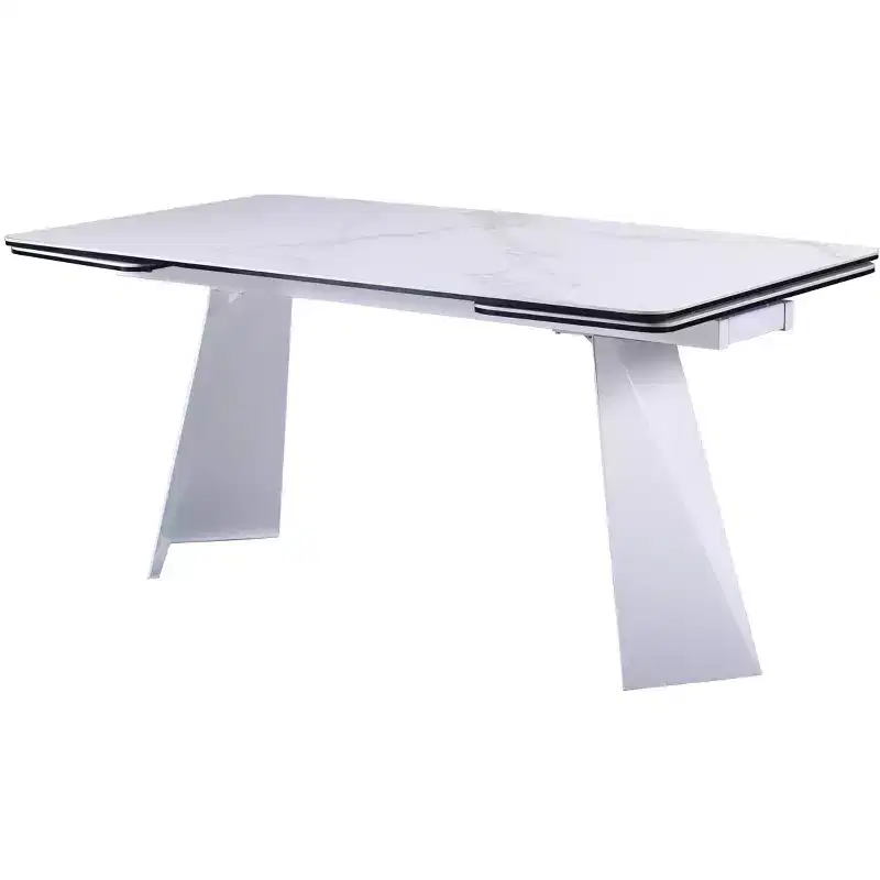 HomeRoots 63 White Ceramic and Metal Self-Storing Leaf Pedestal Base Extendable Dining Table