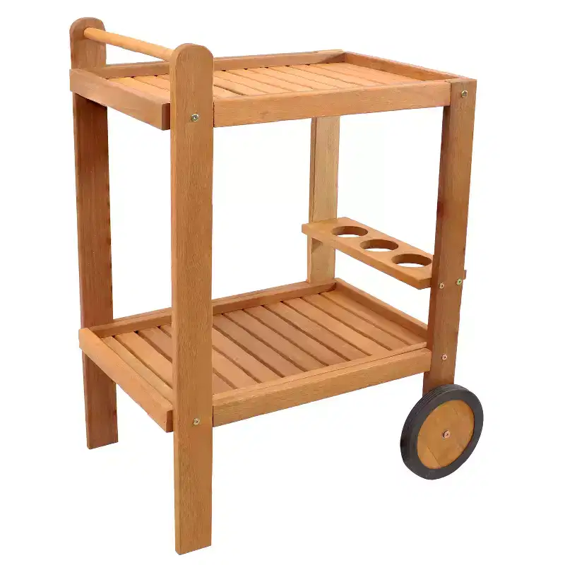 Sunnydaze Malaysian Hardwood Outdoor Rolling 2-Tier Serving Cart