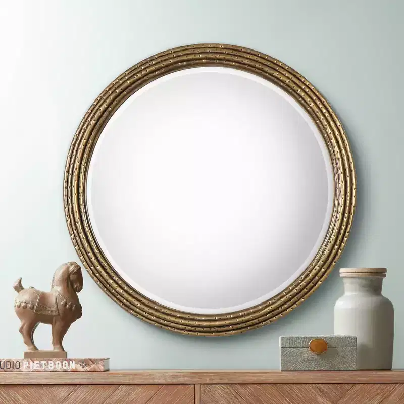 Round Vanity Decorative Wall Mirror Rustic Antiqued Gold Hammered Iron Frame 42 1/4 Wide Bathroom Bedroom Living Room