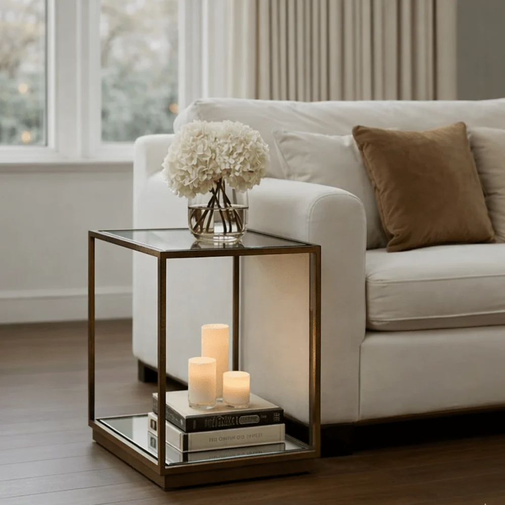 Bronze & Glass Side Table with Mirrored Shelf