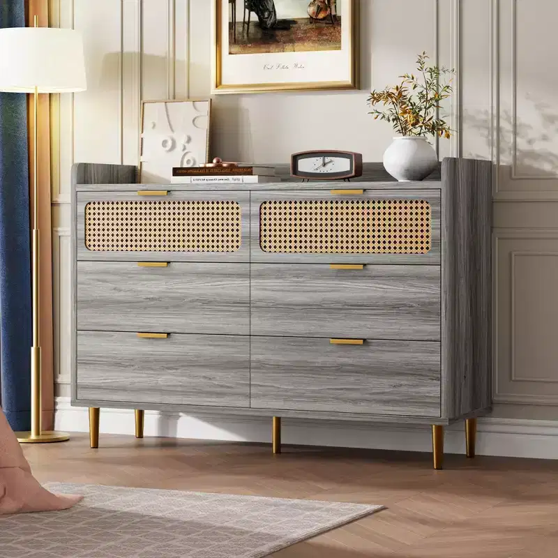 6-Drawer Mid-Century Dresser with Rattan Panels & Gold Hardware – 47.2