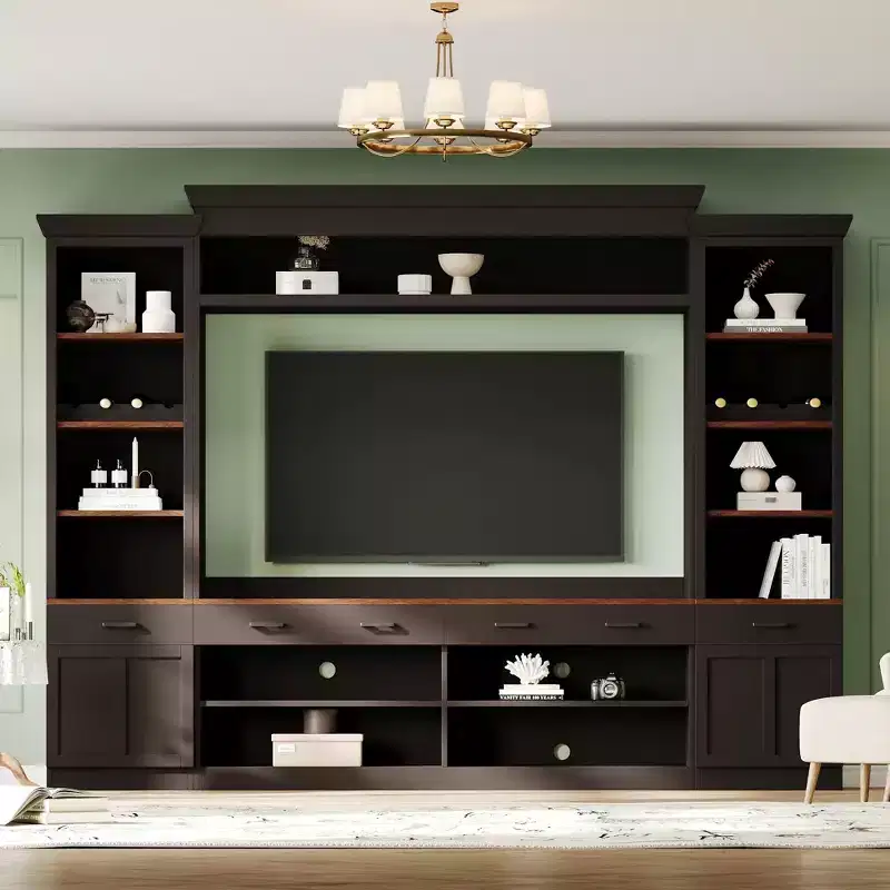 Entertainment Wall Unit with Bridge for 70 inch TV, Mid-Century Large Media Console with Bookshelf and Adjustable Shelves