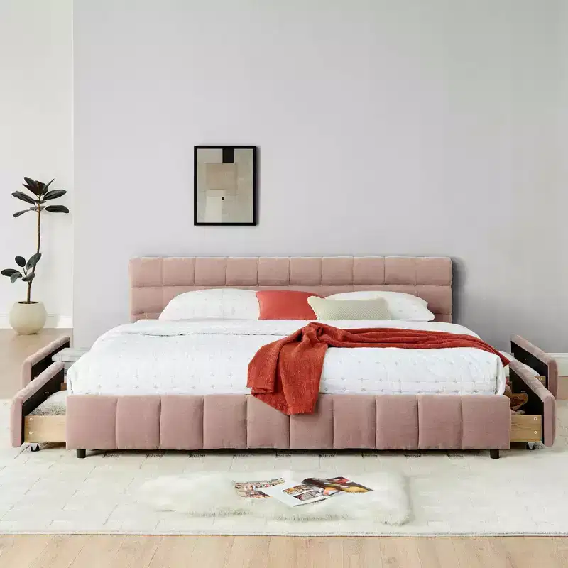 MAYEERTY King Size Upholstered Bed with Headboard Solid Bed Frame Drawer for Bedroom Pink