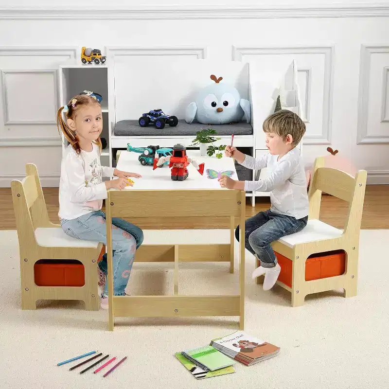Kids' Table & Chair Sets 4 in 1 Wooden Children Activity Table w/Storage Removable Tabletop with Blackboard for Children Drawing Reading Art Craft