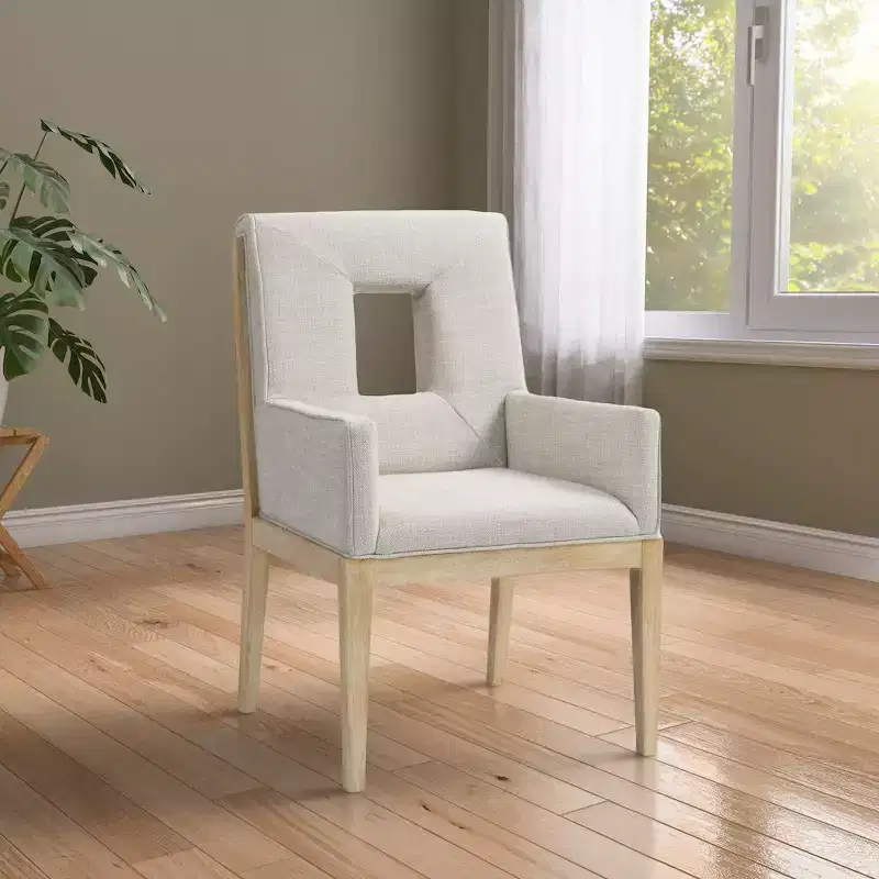 Cream Linen Textured Dining Arm Chair – Mid-Century Modern, Solid Wood Frame, Natural Oak Finish