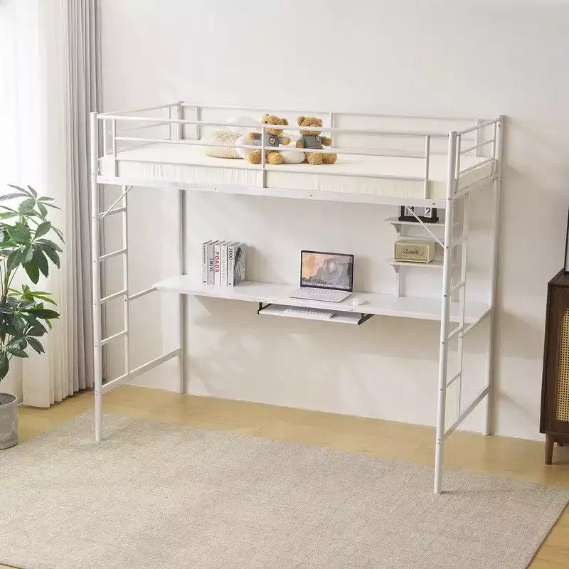 Twin Size Metal Loft Bed with Desk, Storage Shelves and 2 Built-In Ladders