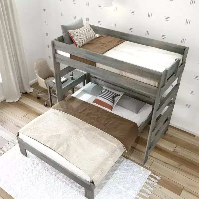 Solid Wood Farmhouse Twin over Queen L-Shaped Bunk Bed with Desk 400 lbs Capacity