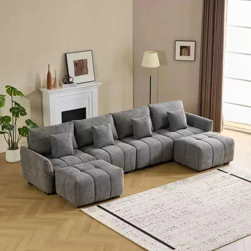 Karl Home |140 in.W Round Arm Boucle L-shaped American Tufed Sofa in Green with Ottoman