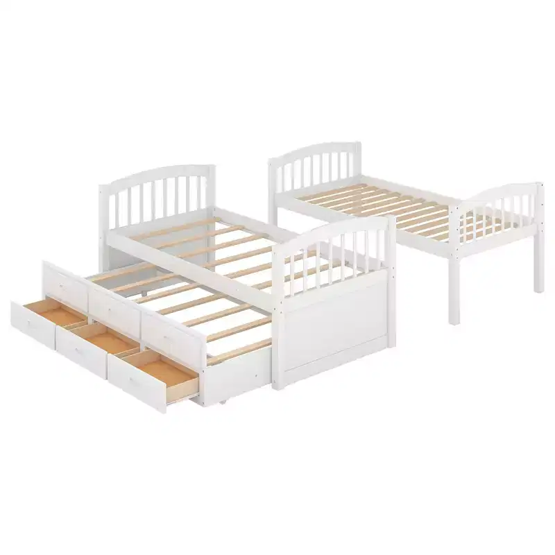 Twin over Twin Wood Bunk Bed with Ladder, Trundle & 3 Drawers – 400 lbs