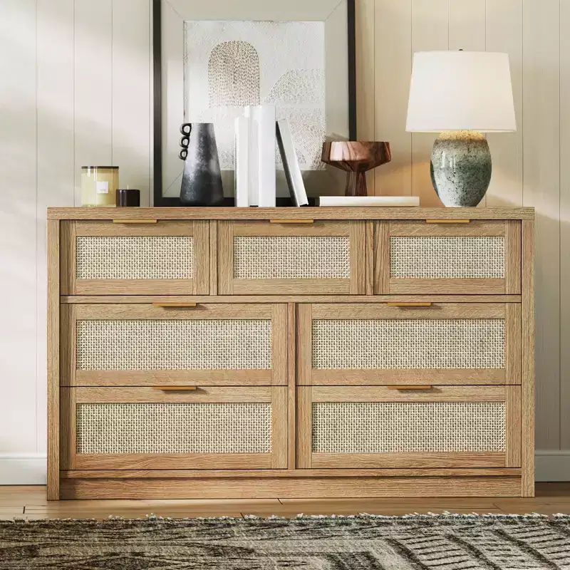 7 Drawers Dresser, 52 W Rattan Dresser, Modern Chest of Drawers with Metal Handle, Wood Closet Clothes Storage, for Living Room, Hallway, TV Stand