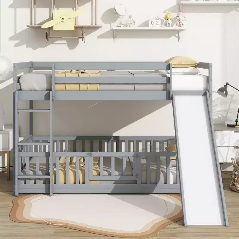 MAYEERTY Twin Over Twin Floor Bunk Bed with Slide Ladder Door Safety Guardrails Solid Pine Wood Bunk Bed Gray