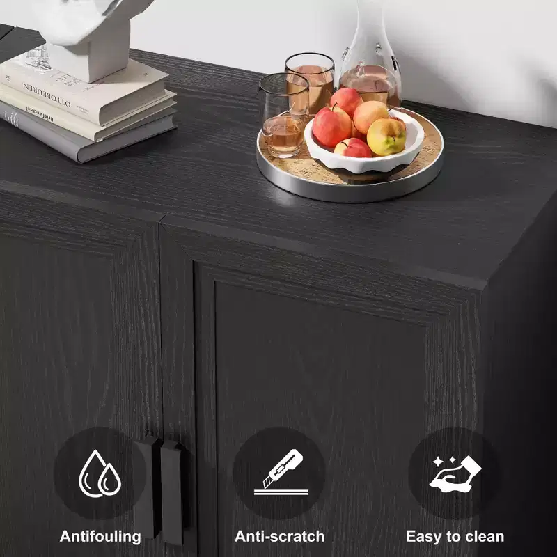 62 High Black Wooden Combination Bathroom Cabinet with Adjustable Shelves and 2 Doors, Open Storage for Bathroom Living Room Laundry Room